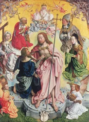Zentraltafel des St. Thomas Altars, 1501, Christus und der heilige Thomas umgeben von St. Helena, Maria Magdalena, St. Hieronymus und St. Ambrosius